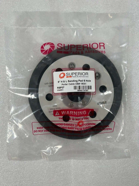 6 Inch Hook And Loop Backing Pad For Polisher 7424 7424XP 18001 in packaging, showing side view with label and warnings visible