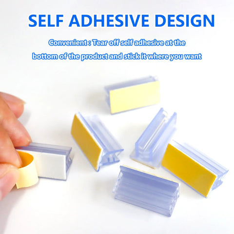 100 Pack Self Adhesive Sneeze Guard Clips No Fuss Peel And Stick Brackets For Clear Acrylic Sign Holders displayed with self-adhesive backing.