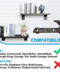 Heavy Duty Slatwall Shelf 24 Inch For Retail, Garage, And Home Storage, Slat Wall Hanging Shelf With Strong Support Frame, Black, 2 Pack For Heavy Load Organization And Versatile Wall Display showing installed shelves with tools and ornaments, compatibility list visible.