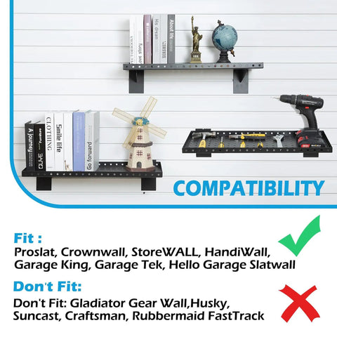 Heavy Duty Slatwall Shelf 24 Inch For Retail, Garage, And Home Storage, Slat Wall Hanging Shelf With Strong Support Frame, Black, 2 Pack For Heavy Load Organization And Versatile Wall Display showing installed shelves with tools and ornaments, compatibility list visible.