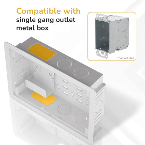Recessed In Wall TV Media Box With Ventilated Cooling To Hide Streaming Boxes And Routers For A Straight Fire Media Setup Supporting Up To 22 Lbs For A Clean Cable Tangle Free Install, showing compatibility with single gang outlet metal box.