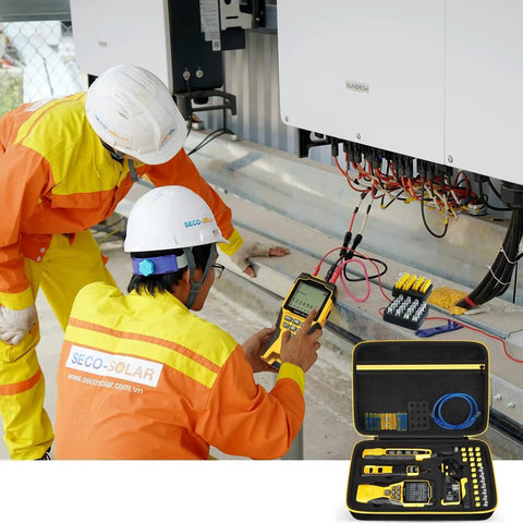Technicians using Cable Tester Gear Case For Scout Pro 3 Tracer Probe And Wire Stripper Accessories with solar panel setup.
