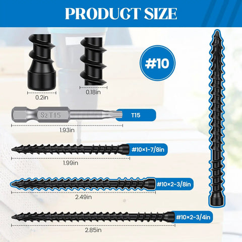 Built Tough Heavy Duty Hidden Deck Screws Number Ten By Two Three Eighths Self Tapping Wood Fasteners displayed in size comparison.