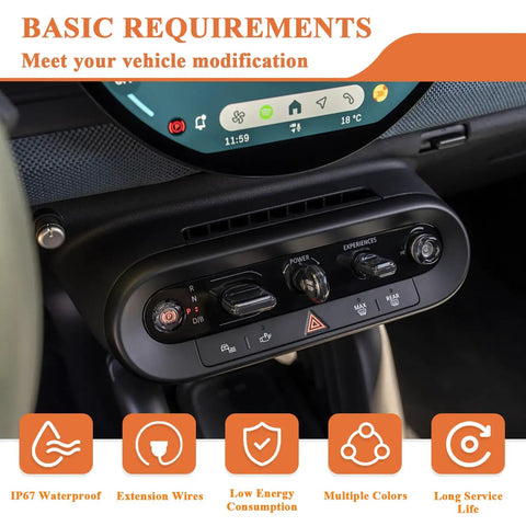 Car dashboard with LED lights, featuring 4 Pack Waterproof LED Indicator Lights 12V 24V with 12mm Mounting Holes, focus on control panel.
