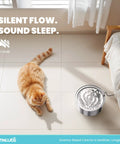 Orange cat near stainless steel cat water fountain with 108 oz capacity for cats and small dogs, ultra quiet metal pet water fountain