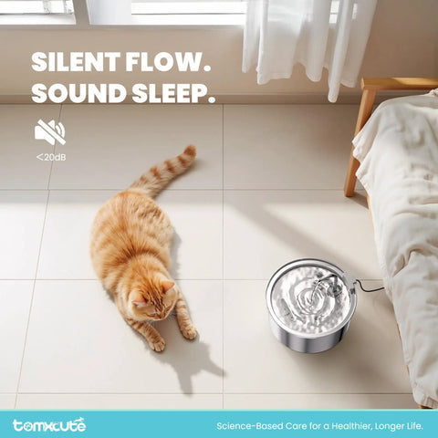 Orange cat near stainless steel cat water fountain with 108 oz capacity for cats and small dogs, ultra quiet metal pet water fountain