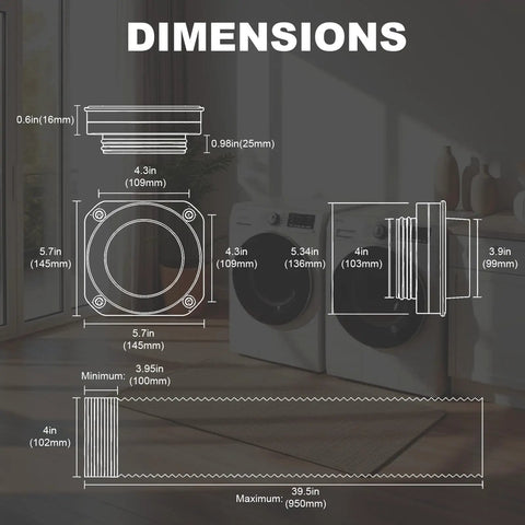 Dimensions of Dryer Vent Kit With Quick Connect And Airtight Seal 3.3ft 4 Inch Duct Plus 2 Clamps Fireproof For Portable Dryers