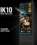 55 Inch Outdoor Digital Signage Kiosk With 3000 Nits Sun Crushing Lcd Display Ip66 Waterproof Rock Solid Frame Vandal Resistance Tough As Nails Panel Runs Around The Clock For Business Marketing showing IK10 impact protection and menu.