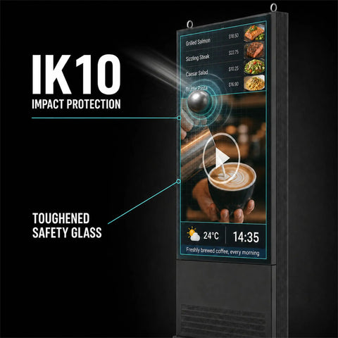 55 Inch Outdoor Digital Signage Kiosk With 3000 Nits Sun Crushing Lcd Display Ip66 Waterproof Rock Solid Frame Vandal Resistance Tough As Nails Panel Runs Around The Clock For Business Marketing showing IK10 impact protection and menu.