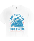 Yellowstone Train Station Crop Top Hella Rad Vintage Locomotive Print For Railroad Adventure Enthusiasts Straight Fire Steam Engine Graphic Top Womens Festive Fit Total Drip Vibe front view, white cotton crop tee.