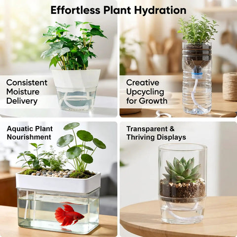 Collage showing self watering rope for plants in various containers for consistent moisture and aquatic plant nourishment
