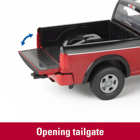 RAM 2025 Dealership Truck With Case IH Skid Steer And Gooseneck Trailer 1 16 Scale toy showing open tailgate detail