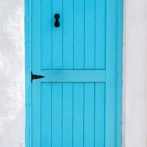 Blue door with Beefy Heavy Duty Extended T Shape Door Hinges With Slotted Bearing For Door Repair And Home Use Black Iron Construction Delivers Maximum Toughness And Long Lasting Durability 4 Inch Set With Screws visible