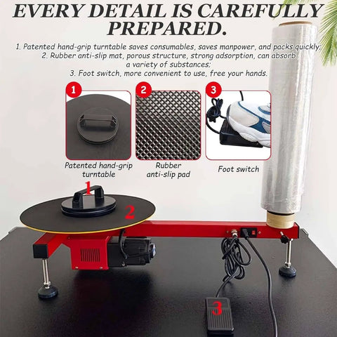 Built Different Heavy Duty Electric Pallet Wrapping Machine Featuring Lightning Smooth Automatic And Manual Modes And A Beastly 30 Rpm Motor For Warehouse Shipping Operations with patented hand-grip turntable and foot switch.