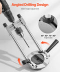 Pro Grade Multi Angle Drill Guide Jig For Woodworking Portable Precision Drilling Guide With 45 Degree 60 Degree 75 Degree 90 Degree Settings Aluminum Alloy Build Large Handle Mounting Holes For Accurate Angled Or Straight Holes showing multi-angle adjustment and angle scales close-up.