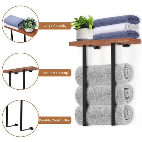 Wall Mounted Towel Rack With Wooden Shelf For Bathroom Organization Dope Heavy Duty Metal Towel Holder shown with towels