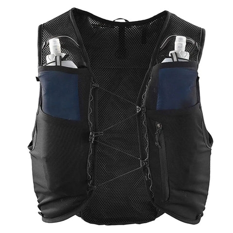 Hands Free Hydration Vest For Hiking And Trail Running With 2L Water Bladder Lightweight Nylon And TPU Pack For Men And Women Durable Outdoor Gear In Small Size showing front view with pockets.