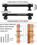 Dimensions and installation guide for 5 inch black and nickel cabinet pulls with included screws, showing handle measurements and compatibility.
