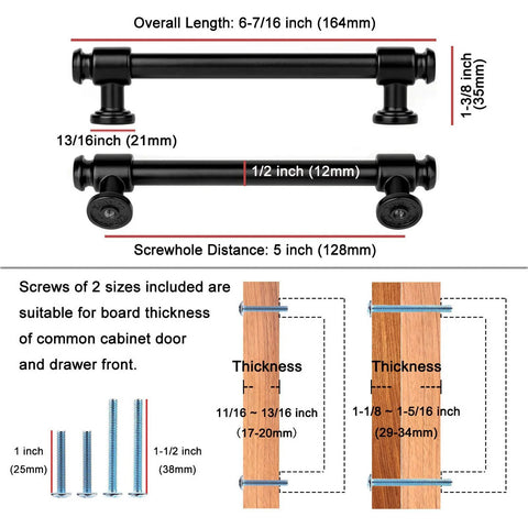 Dimensions and installation guide for 5 inch black and nickel cabinet pulls with included screws, showing handle measurements and compatibility.