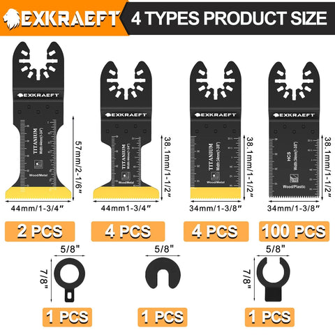 Exkraft titanium oscillating tool blades set, 110-piece, universal fit for major brands, metal/wood/plastic