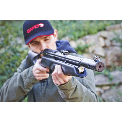 User aiming Backyard Ready Pre Charged Pneumatic Air Rifle With Multi Shot Magazine, Ambidextrous Straight Pull Bolt Action, High Velocity