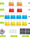 Colorful fuses and components for Waterproof 6 Way Fuse Block With Ground Negative Busbar, 100 Amp Max, LED Indicator, 12-24V DC.