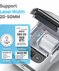 Portable Bluetooth Label Printer With Tape For No Sweat Home Organization Seamless Mobile App Sync Smooth Vanilla Finish setup with label examples.