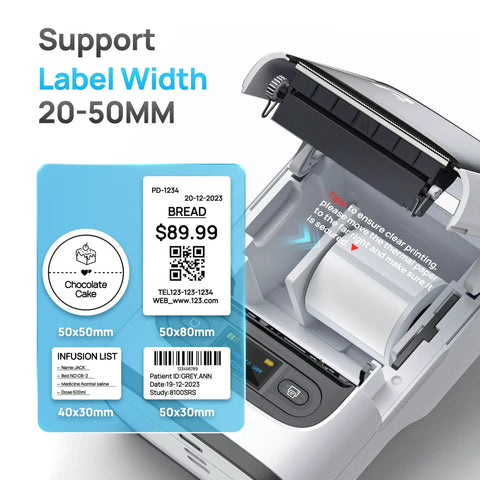 Portable Bluetooth Label Printer With Tape For No Sweat Home Organization Seamless Mobile App Sync Smooth Vanilla Finish setup with label examples.