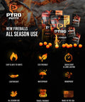Fire Balls Fire Starter Pellets For Easy Fire Lighting packaging and benefits infographic, 30 Pack.
