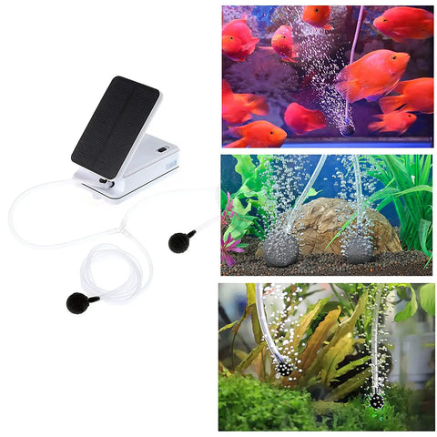 Solar Powered Pond Aerator Pump Kit With Dual Charging Options Oxygenator For Garden Fountain Pool Aquarium Fish Tank Easy Setup Keeps Water Oxygenated And Fish Healthy Bubbler shown against aquariums with bubbles