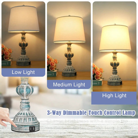 Set Of 2 Rustic Bedside Lamps With 3-Way Touch Dimming And USB Ports, Coastal Washed Blue Nightstand Lights with LED Bulbs
