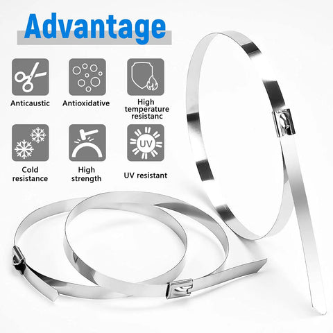 Heavy Duty 48 Inch Stainless Steel Zip Ties, 500 Lb Break Strength, showing UV resistant and rustproof features.