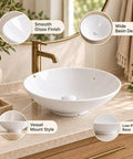 Sinkology Sagan 16.5 Inch Round Vessel Bathroom Sink, Crisp White Vitreous China Above-Counter Vanity Bowl with Drain and Coordinating Cap, No Overflow, featuring smooth gloss finish.