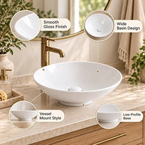 Sinkology Sagan 16.5 Inch Round Vessel Bathroom Sink, Crisp White Vitreous China Above-Counter Vanity Bowl with Drain and Coordinating Cap, No Overflow, featuring smooth gloss finish.