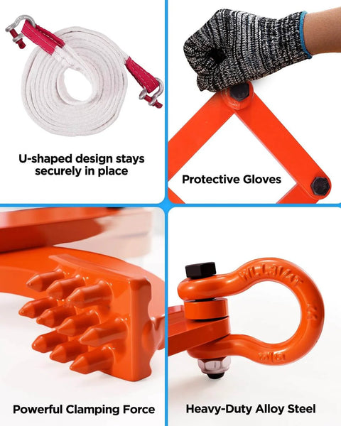 Industrial Heavy Duty Pallet Puller Clamp Kit 1 Ton 2205 Lbs For Forklifts And Trucks with U-shaped strap and steel grip.