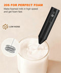 Soenglyun 3 Speed Rechargeable Milk Frother Handheld Press with travel cover blending milk foam in a clear glass.