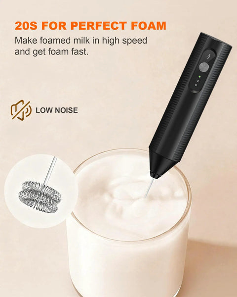 Soenglyun 3 Speed Rechargeable Milk Frother Handheld Press with travel cover blending milk foam in a clear glass.