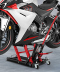 Red Beefy Hydraulic Motorcycle Lift Jack with 1500 lb capacity holding a motorcycle, adjustable height, non-slip platform, 360° casters