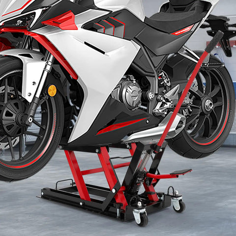 Red Beefy Hydraulic Motorcycle Lift Jack with 1500 lb capacity holding a motorcycle, adjustable height, non-slip platform, 360° casters