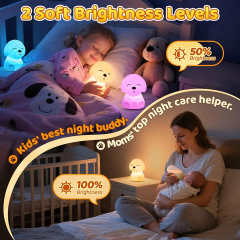 Cute Puppy Night Light For Kids With 16 Colors And Dual Brightness Levels 30 And 60 Minute Timer Soft Silicone Nursery Lamp