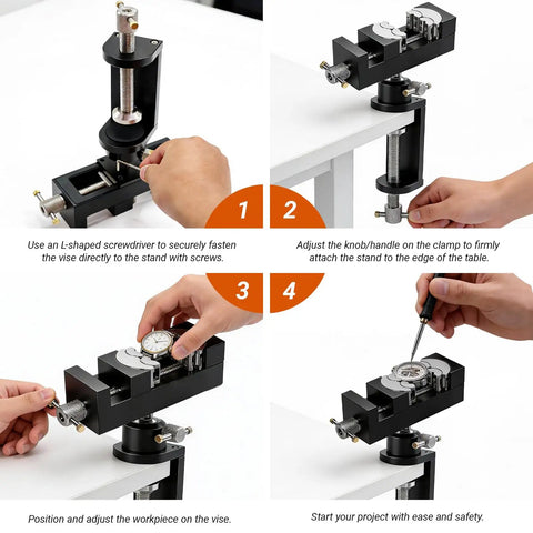 360 Degree Rotating Bench Vise Stand For Grinders And Drill Presses, showing installation and adjustments, close-up view