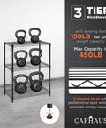 Three To Five Tier Adjustable Height Wire Shelving Unit With Heavy Duty Steel Frame And 250 Lb Per Shelf Capacity For Garage Organizer Pantry Kitchen Utility Storage Black, 3-tier black steel rack with kettlebells