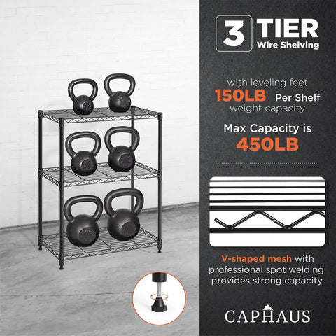 Three To Five Tier Adjustable Height Wire Shelving Unit With Heavy Duty Steel Frame And 250 Lb Per Shelf Capacity For Garage Organizer Pantry Kitchen Utility Storage Black, 3-tier black steel rack with kettlebells