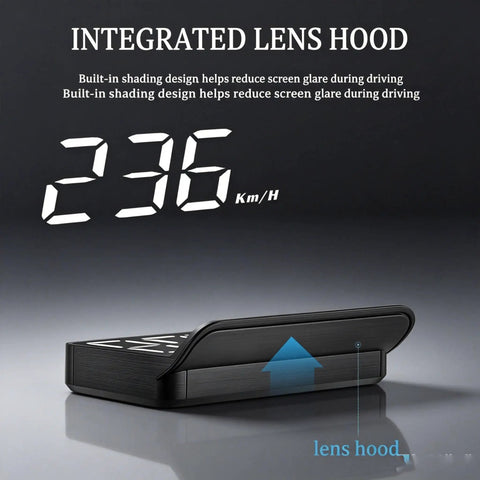 Windshield Speed Projector Heads Up Display For Tesla Cybertruck With Auto Brightness showing integrated lens hood design and speed readout.
