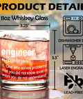 Engineering Themed Whiskey Glass Gift For Men 10 Oz Rocks Glass For Whiskey Scotch Bourbon And Cocktails Perfect Gift For Engineers Techies And Gearheads placed on a table with product features.