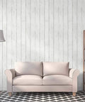 Peel And Stick Wood Wallpaper White Shiplap Look For Cabinets Bathrooms And Bedrooms scene in a modern living room setting