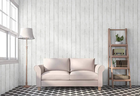 590 In By 17.7 In White Wood Peel And Stick Wallpaper Removable Vintage Wood Plank Wall Covering in a living room setting.
