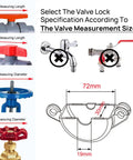 Size chart and measurements for Gate Valve Lockout Device With Safety Padlock For Outdoor Faucets And Hose Bibs Lock Kit For Propane Tanks Fits 1 To Two And A Half Inch Diameter Gate Valve Handles Prevents Water Theft And Tampering.