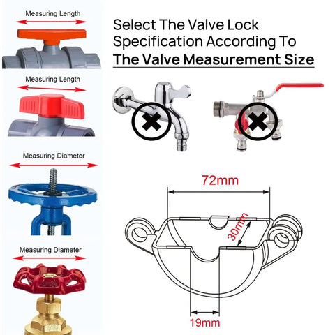 Size chart and measurements for Gate Valve Lockout Device With Safety Padlock For Outdoor Faucets And Hose Bibs Lock Kit For Propane Tanks Fits 1 To Two And A Half Inch Diameter Gate Valve Handles Prevents Water Theft And Tampering.