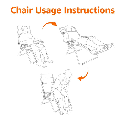Chair usage instructions for Outdoor Zero Gravity Lounge Chairs Set With Cup Holders And Side Table, showing reclining and sitting positions.